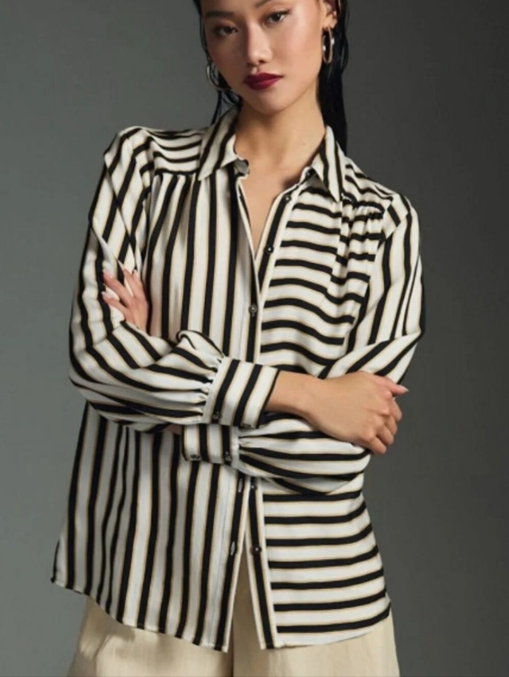 Anthropologie Maeve Silky Striped Button Down Black Ivory Gold Size L